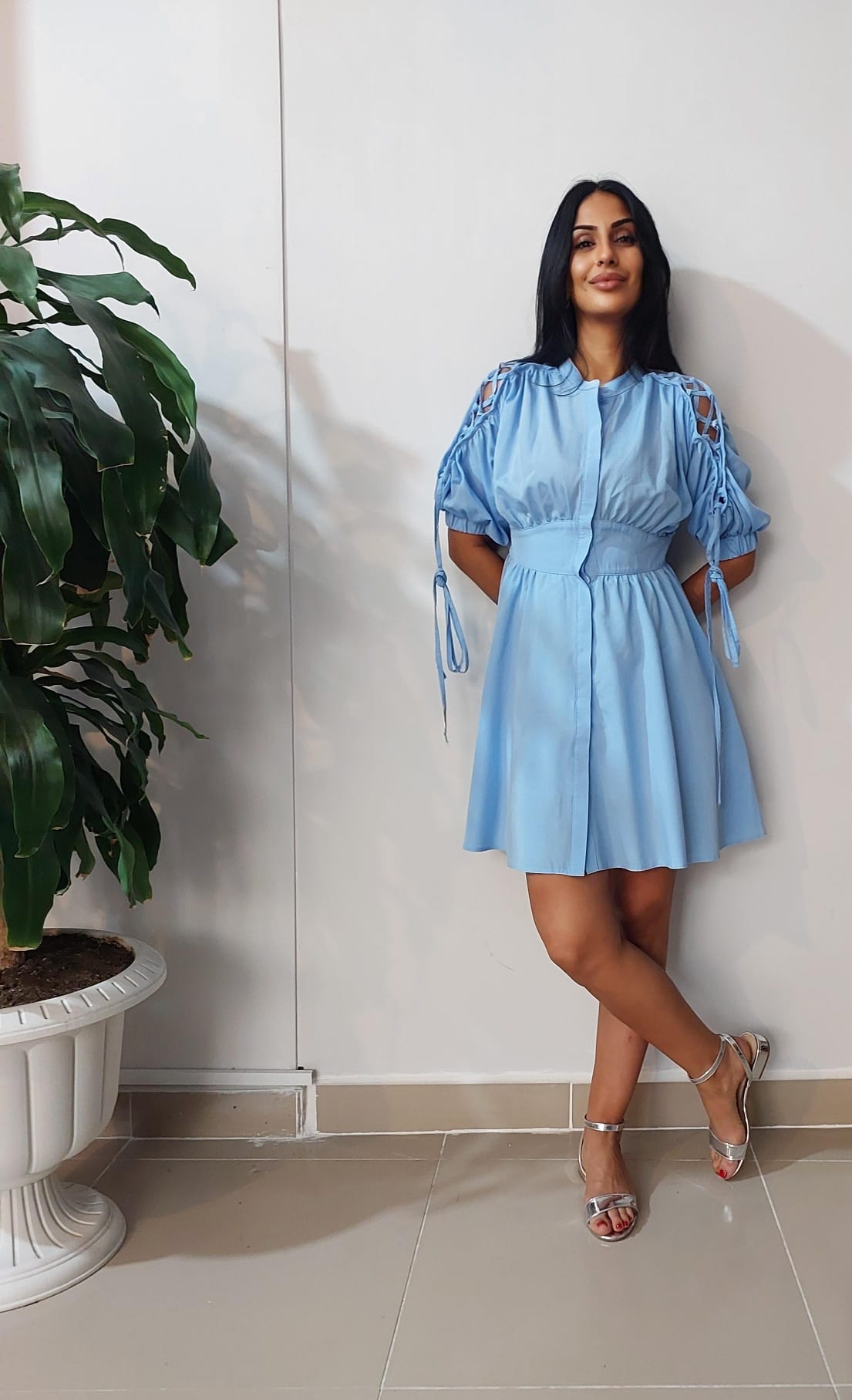 ÇAPRAZ KOL ELBİSE MAVİ