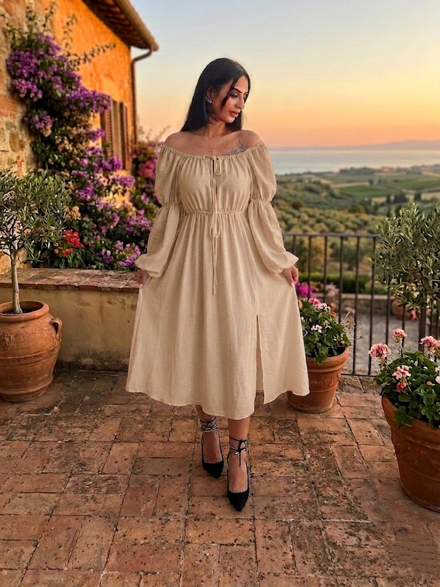 BÜZGÜLÜ ELBİSE BEJ
